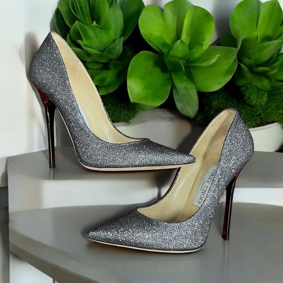 JIMMY CHOO Abel 100mm Pumps in Anthracite Silver Glitter Metallic 34.5 - Picture 11 of 13